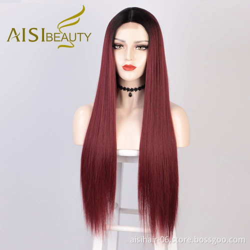 Aisi Beauty Vendor Cheap Party 26 Inch Long Straight Ombre Red Wig Swiss Lace Synthetic Hair For Black Women Lace Front Wig